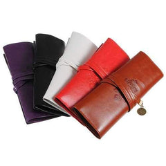 Leather Folding Strap Case Makeup Cosmetic Brush Pouch